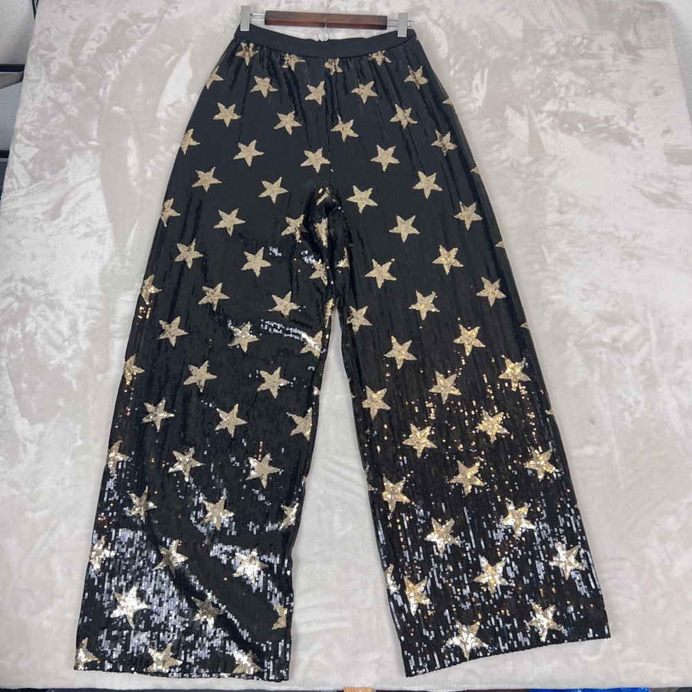 Twisted Wunder Sequin Star Wide Leg Pants Womens 6 Black Gold Statement Festival